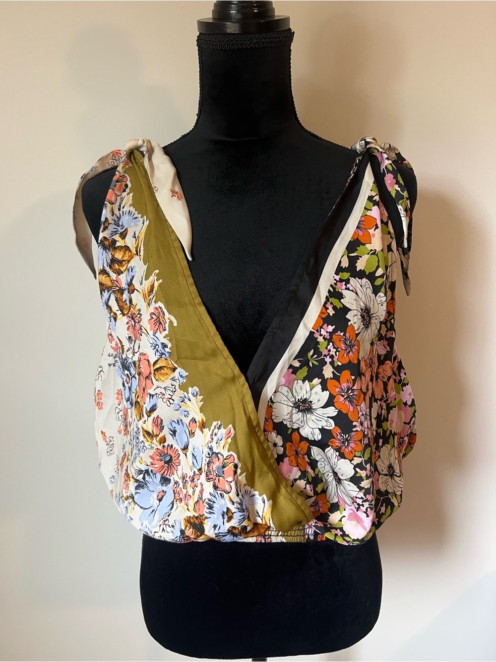 Free People Floral Mixed Panel Tie Shoulder Crop Top Size XS